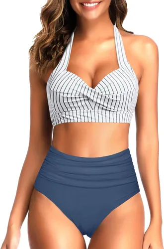 Vista 16 de Tempt Me - Traje de baño de dos piezas para mujer Bikini de cintura alta con cuello Halter vintage y retro, traje de baño con realce Bandera