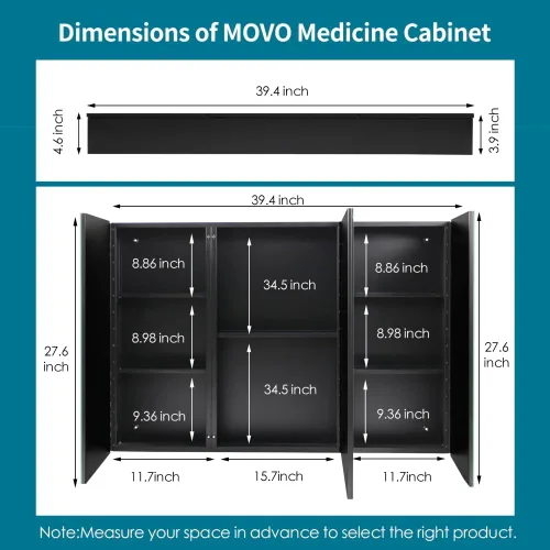 Vista 2 de Movo Botiquín de medicina negro de 40 x 28 pulgadas, espejo de baño, sin marco, gran montaje en pared, con 3 puertas, estantes movibles
