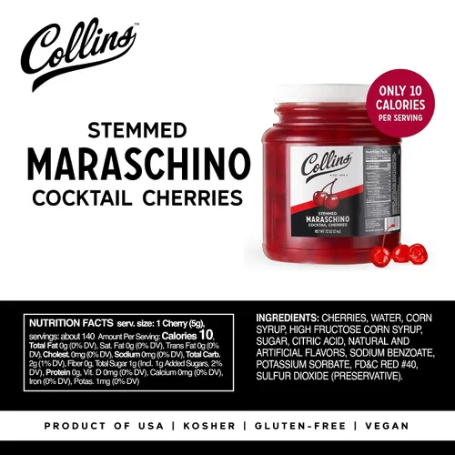 Vista 4 de Collins - Cerezas marrasquinas con Tallo de 72 onzas, guarnición de cóctel a granel para cócteles sin alcohol, postres y helados sundae, cerezas
