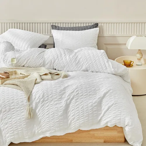 Vista 13 de WARMDERN - Juego de funda de edredón tamaño Queen, juego de ropa de cama de 3 piezas de microfibra lavada color beige, funda de edredón con textura