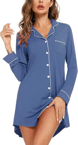 Vista 91 de Samring Camisón de pijama para mujer, manga corta/larga, con botones, camisón para dormir, camisón para novio, talla XXL