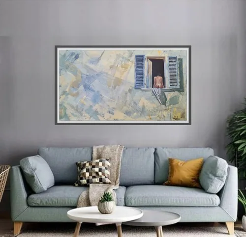 Vista 2 de Mujer en la ventana" Grabado digital intetervenido Pintura hecha a mano, acrílico sobre lienzo, arte de pared abstracto, pieza única firmada por