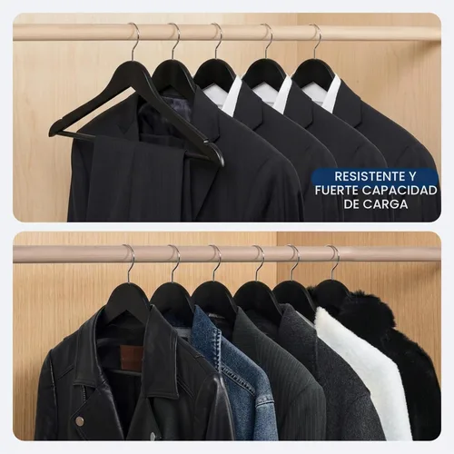 Vista 8 de Amber Home Perchas de madera maciza para trajes, paquete de 30 perchas de madera con acabado negro liso con barra antideslizante para pantalones