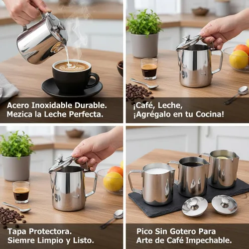 Vista 2 de Jarra de espuma de leche de acero inoxidable 11.8 fl oz con tapa, para arte con leche y espuma de café
