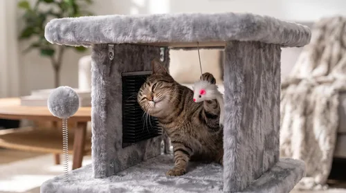 Vista 4 de Cama grande para gatos con poste rascador y tabla de peinar, resistente y duradera, ideal para razas pequeñas Large plush cat tunnel with a