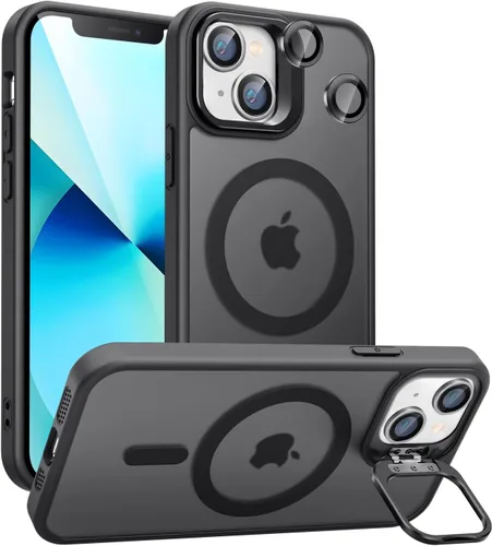 Vista 23 de Funda magnética para iPhone 11 con soporte, compatible con Magsafe, protección militar y protector de lente de cámara, funda translúcida mate