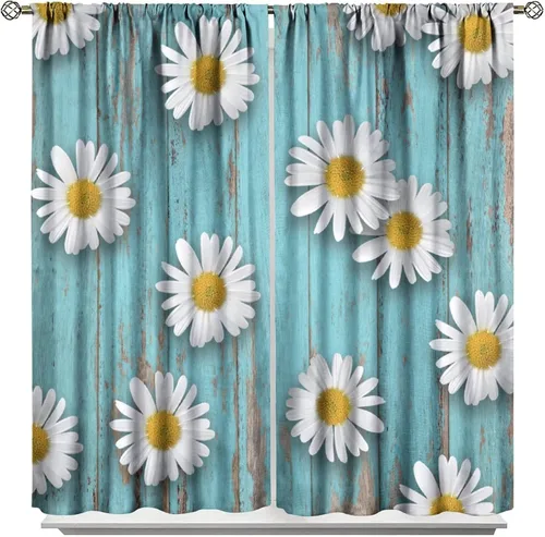 Vista 33 de Cortinas de cocina rústicas y florales, estilo retro, estilo granja, cabaña, casa de campo, margaritas, estilo granja, ventana, puerta