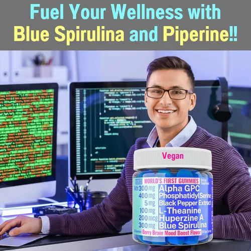 Vista 5 de Alfa GPC huperzina A fosfatidilserina L-teanina azul Spirulina Bioperine Gomitas, Alfa-GPC huperzina-A fosfatidil serina L teanina suplemento