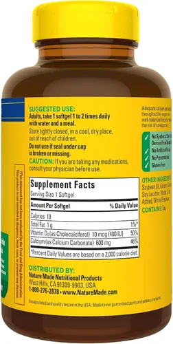 Vista 9 de Nature Made Calcio 600 mg con vitamina D3, Suplemento dietético para apoyo óseo, 100 cápsulas blandas Suplemento de calcio para la salud ósea