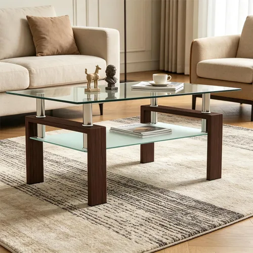 Vista 13 de Mesa de centro de vidrio rectangular Meihua de 2 niveles, mesa de té moderna, mesa auxiliar de café para sala de estar (todo negro)
