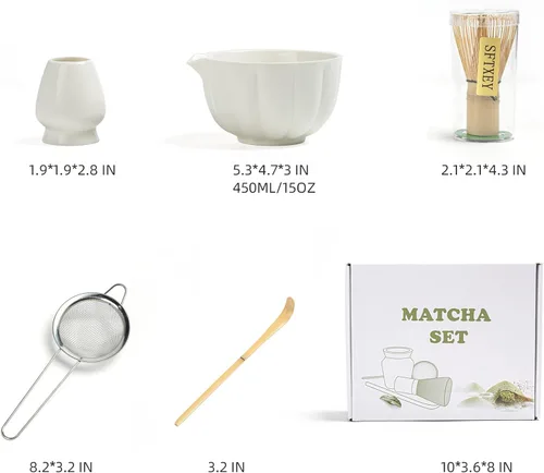 Vista 6 de Juego de batidor de matcha, juego de matcha incluye cuenco de cerámica para matcha, batidor de bambú, cuchara, soporte para Chasen, tamiz, kit