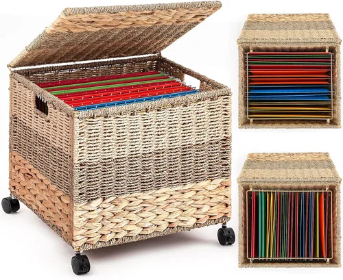 Vista 7 de Cinnvoice Archivador decorativo con ruedas de 14 x 12 x 11.5 pulgadas, organizador de mimbre para cartas y tamaño legal, cesta colgante tejida a