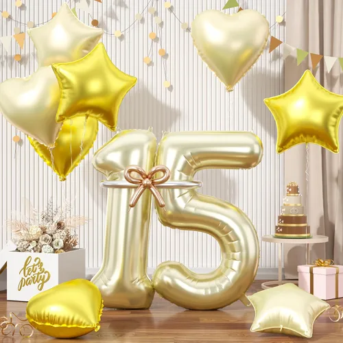 Vista 58 de Globos dorados de color champán con el número 11, globos de oro claro, globo de aluminio dorado con forma de corazón con estrella y globo largo