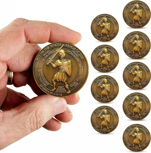 Vista 9 de 1 moneda de desafío de armadura de Dios, versículo bíblico de Efesios 6:10, moneda de desafío cristiano chapada en oro antiguo de 1.75 pulgadas