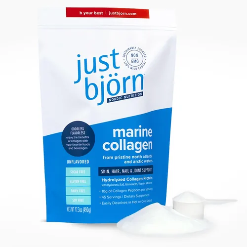 Vista 3 de Just Bjorn Marine - Péptidos de colágeno en polvo On-The-Go Stick Packs (paquete de 10) + 45 bolsas para servir (17.3 onzas) – Soporte para piel