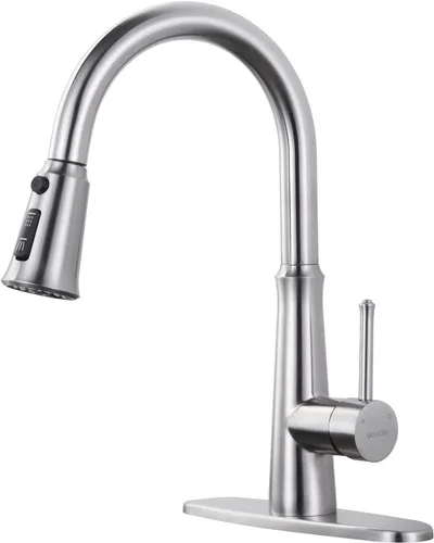 Vista 13 de WOWOW Grifos de cocina negro mate con rociador extraíble, grifo de fregadero de cocina de acero inoxidable para fregaderos de 1 o 3 agujeros, grifo