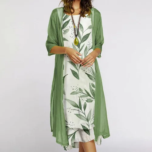Vista 2 de UODSVP Vestidos de mujer 2022 elegante casual con estampado de moda cuello redondo longitud media vestido de dos piezas
