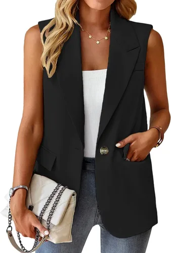 Vista 2 de Mina self Chaqueta sin mangas para mujer, casual, ligera, color sólido, chaleco abierto al frente, cárdigan con solapa y bolsillos