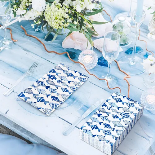 Vista 4 de 80 servilletas de papel desechables de peces oceánicos de acuarela azul, servilletas de papel decorativas para cena, toalla de mano para verano