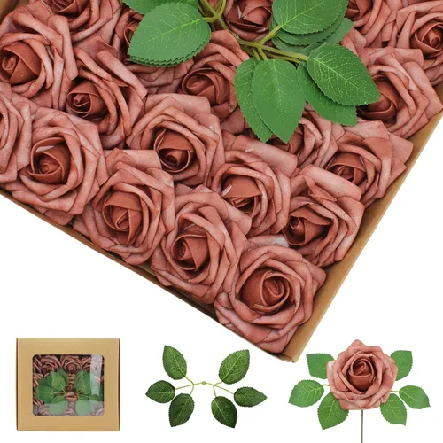 Vista 51 de 25 rosas realistas negras, flores artificiales de espuma de látex con tallos flexibles y 8 hojas para decoración de bodas, hogar y fiestas Negro