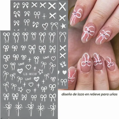 Vista 4 de Fcozpjk Calcomanías de uñas con lazo en relieve 5D, 5 hojas autoadhesivas de cintas rosas y blancas, arte de uñas para el día de San Valentín, dijes
