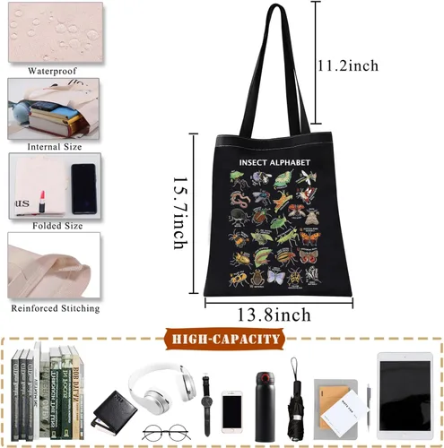 Vista 4 de BDPWSS Bolsa de mano con alfabeto de insectos - Regalo para amantes de insectos y escarabajos - Entomología y amante de la naturaleza