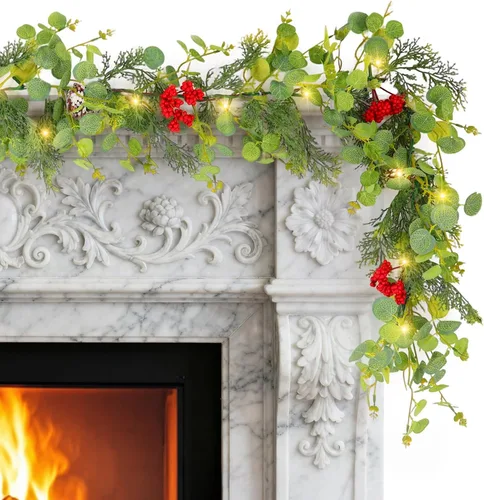 Vista 10 de Guirnalda de Navidad preiluminada de 6 pies con luces, guirnalda de cedro realista con bayas rojas, cono de pino artificial de tacto real, guirnalda