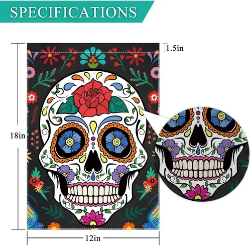 Vista 2 de Allenjoy Bandera de Día de los Muertos para exteriores, vertical, mexicana, fiesta, casa, césped, patio, porche, patio, decoración al aire libre, 12
