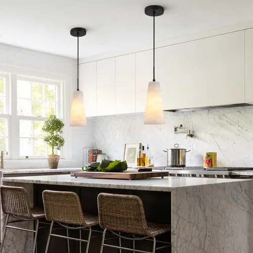 Vista 5 de Luces colgantes de alabastro natural, isla de cocina, pantalla cónica de mármol blanco, modernas lámparas de techo negras para mesa de comedor, sala