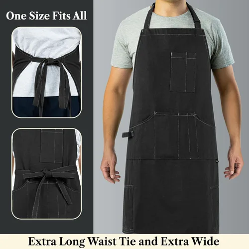 Vista 4 de opux Delantal de chef para hombres, delantal de cocina con bolsillos para mujer, delantal grande de lona unisex para cocinar, asar a la parrilla