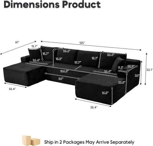 Vista 2 de Sofá grande sin hueso de 125 pulgadas con diván, moderno sofá modular con asiento profundo, sofá tapizado de pana en forma de U para sala de estar