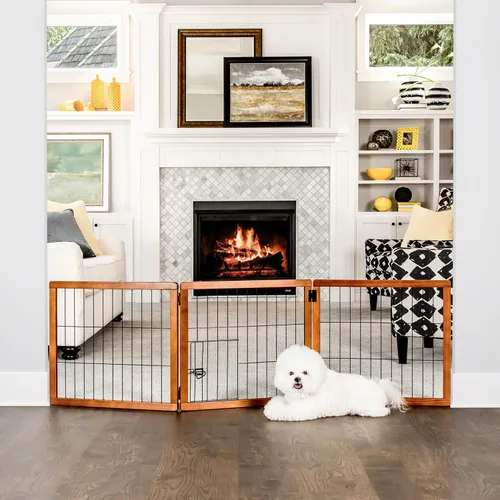 Vista 9 de Carlson - Puerta independiente ajustable para mascotas, 70 pulgadas de ancho, madera premium, marrón