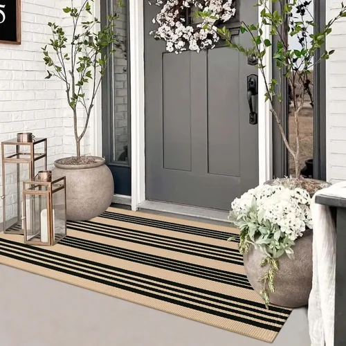 Vista 14 de Alfombra de lana cuadriculada para exteriores de 24 x 35 pulgadas, alfombra de algodón tejida a mano, plegable, lavable, reversible, en capas
