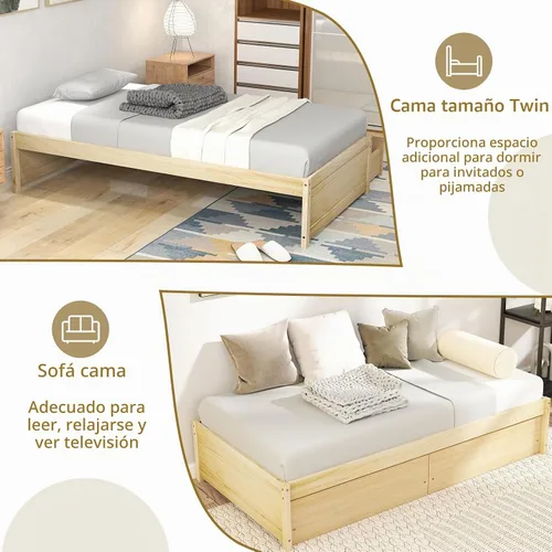 Vista 7 de KOMFOTT Base de cama de plataforma de madera de tamaño individual con 2 cajones de almacenamiento, plataforma de madera con soporte de tablillas