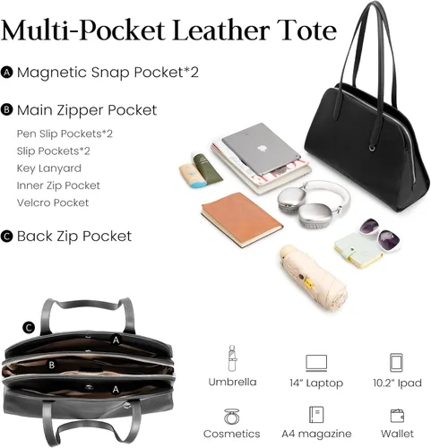 Vista 3 de befen Genuine Leather Tote Bag for Women Multi-Pockets Designer Shoulder Tote Work Purse Satchel Handbags
