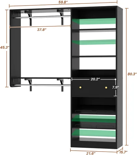 Vista 3 de Sistema de armario con cajón: sistema organizador reversible de madera de 5 pies con 2 varillas para colgar y estante ajustable, organizadores