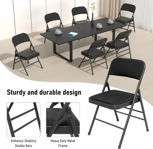 Vista 4 de Paquete de 4 sillas plegables negras con cojín acolchado de tela, juego de sillas de comedor de tela, sillas plegables apilables portátiles