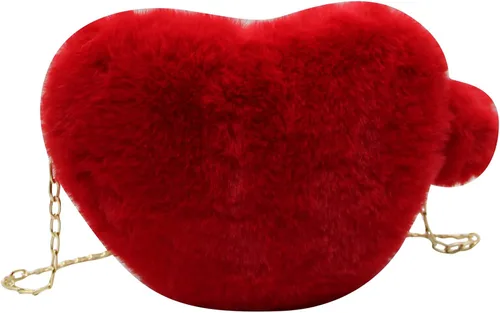 Vista 3 de Bolso de mano de piel sintética con forma de corazón para mujeres y niñas, bolso de hombro de felpa con correa de cadena de metal, Rojo -, Portátil