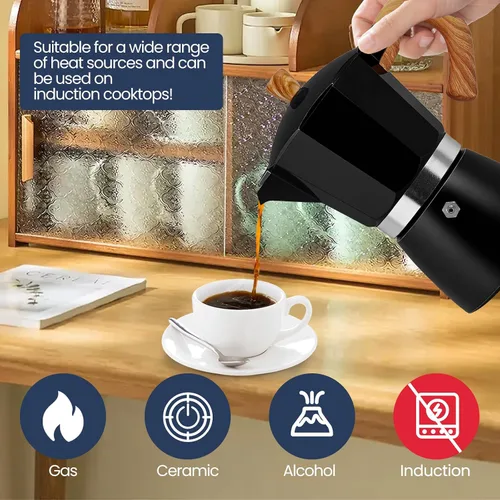 Vista 4 de Moka Pot - Cafetera italiana de aluminio de 15.2 fl oz, cafetera para estufa, cafetera espresso Mocha Pot (negro, 3 tazas)