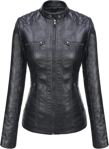Vista 4 de Springrain Women's Faux Leather Jacket Moto Biker Coat with Detachable Hood Motorcycle Jacket