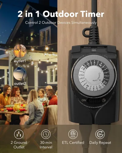 Vista 2 de HBN Outdoor Timer Outlet Waterproof, 24 Hour Mechanical Light Timers for Electrical Outlets Outdoor Weatherproof, 2 Grounded Outlets for Christmas