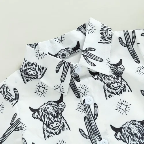 Vista 5 de Ropa occidental para bebé niño, camisa con estampado de vaca, mameluco de manga corta con botones, traje de verano de vaquero