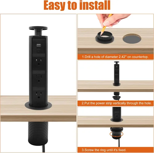 Vista 3 de Facon Toma de corriente emergente para encimeras y casas rodantes, 3 tomas de CA + 2 puertos USB, regleta de alimentación retráctil con orificio