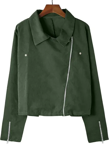 Vista 3 de Maqroz Chaqueta de cuero para mujer, chaqueta de cuero sintético de manga larga, chaqueta recortada delgada con cremallera, chaqueta de poliuretano