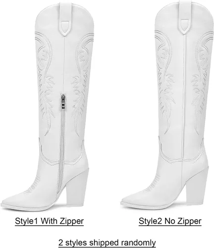 Vista 2 de ISNOM Botas vaqueras para mujer, botas altas hasta la rodilla, botas vaqueras bordadas con tacón grueso de bloque y puntera puntiaguda