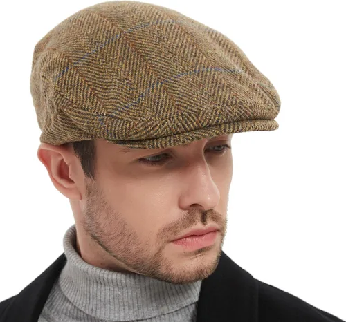 Vista 3 de Gorras de Newsboy para hombre, mezcla de lana de tweed clásica, sombrero de hiedra, pata de gallo, espiga, a cuadros, sombrero de copa plana unisex
