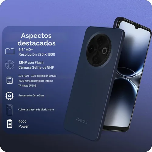 Vista 2 de A3 4G teléfonos Android desbloqueados 6.6” pantalla HD+ Android 12 teléfono inteligente Octa-Core 6(3+3)+16GB/256 TF Dual SIM teléfono celular Azul