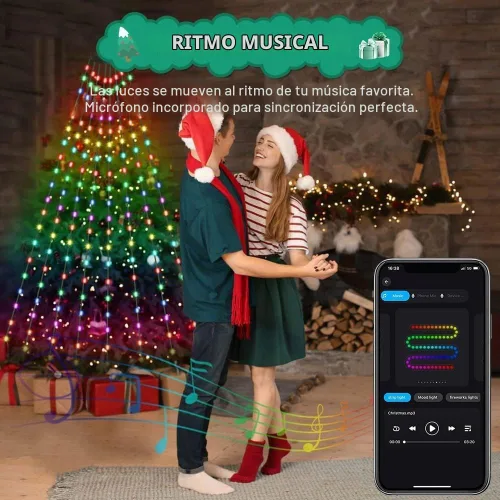 Vista 3 de Cadena de luces para árbol de Navidad con anillo, control remoto inteligente por aplicación, 200 LED