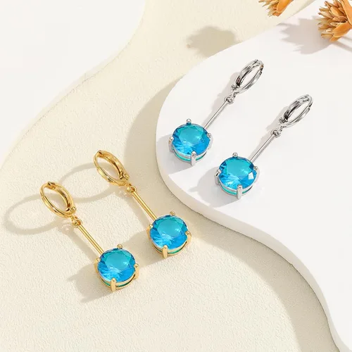 Vista 3 de VONSSY Pendientes colgantes de piedras preciosas Aretes colgantes de circonita cúbica de cristal chapado en platinooro, aretes rojosrosaazules