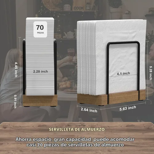 Vista 6 de Servilletero para mesa, dispensador de servilletas de hierro de acacia para cocina, mesa de comedor, granja, cóctel, picnic, soportes de madera